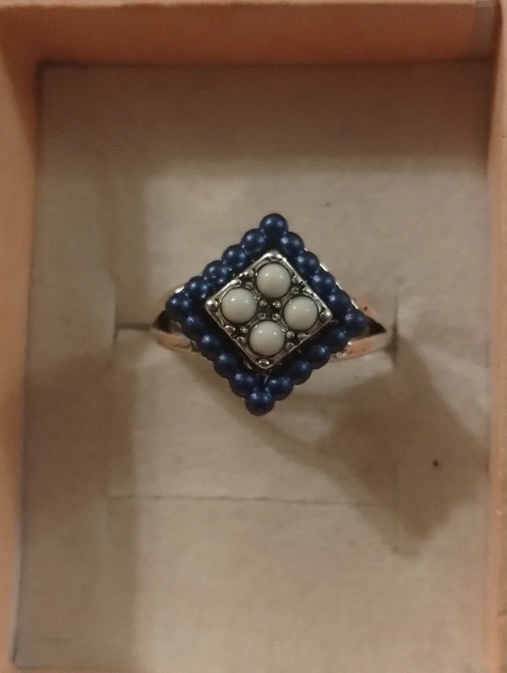Blue & White Beaded Geometric Statement Ring Silver Tone Boho Size 8.5